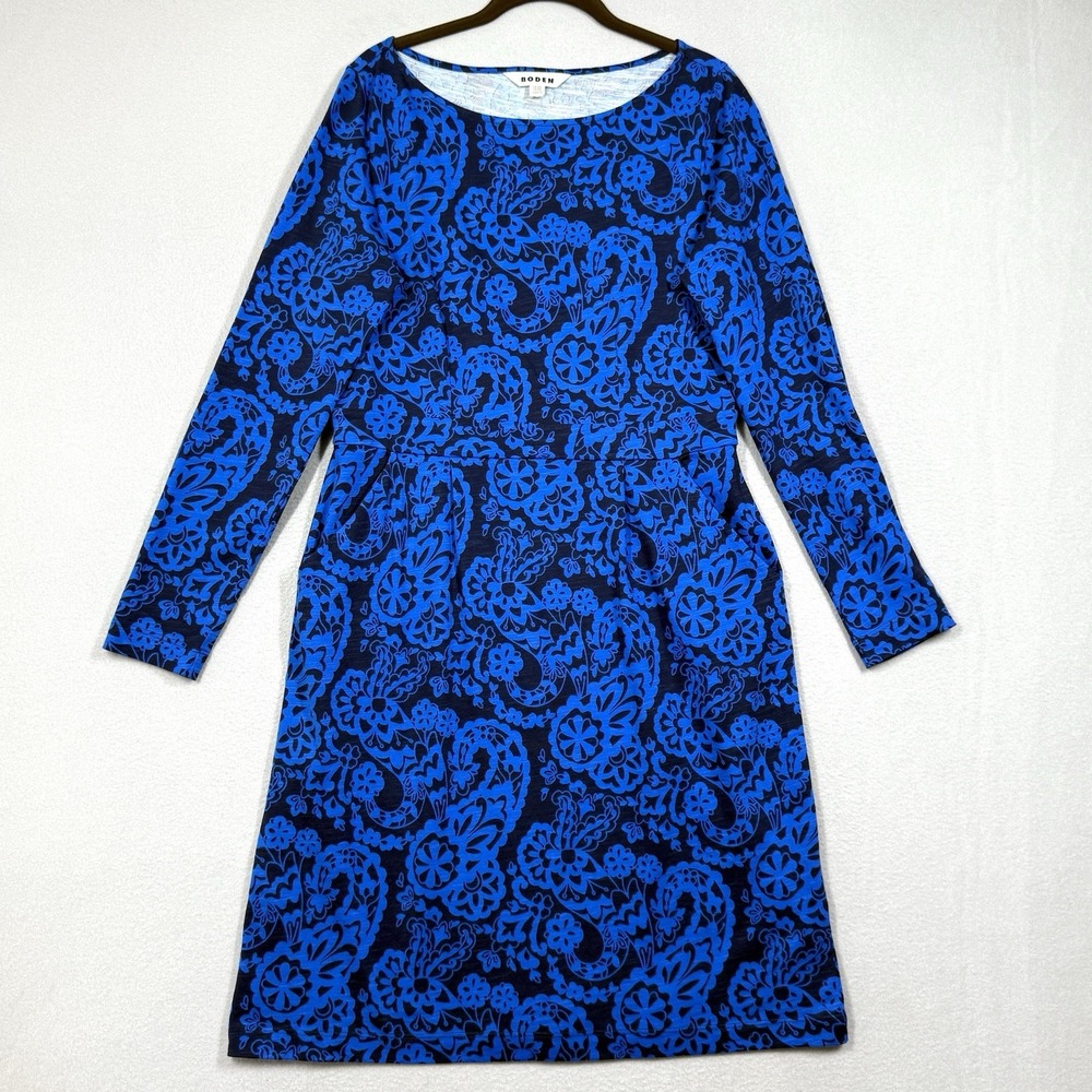 BODEN Dress Womens 10 Florrie Long Sleeve Blue Paisley Print Cascade Pockets